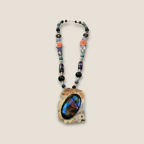 Handmade  Sterling Mixed Media Beaded Necklace With Dichroic Glass & Stone Penda - Picture 2 of 9